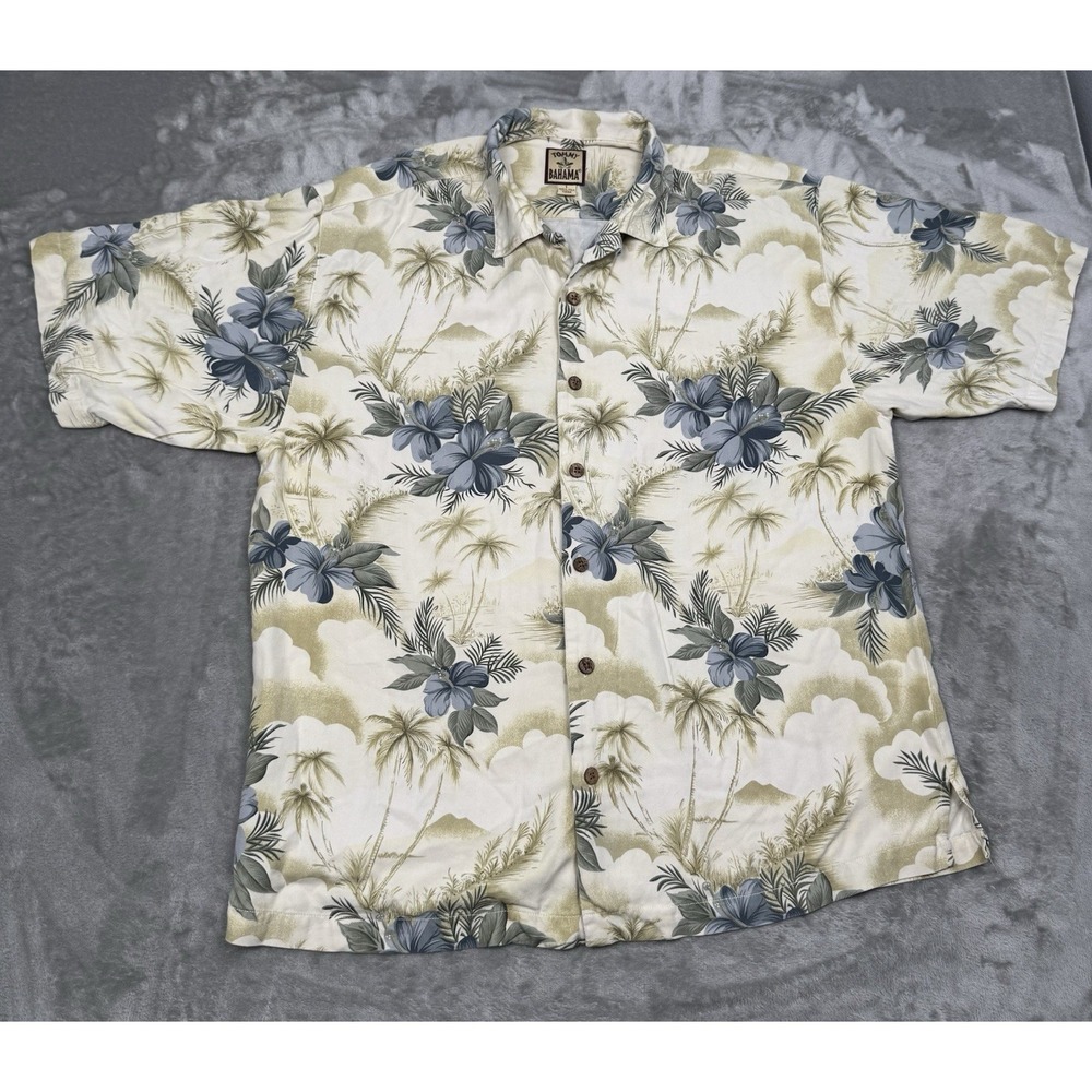 Tommy‎ Bahama Silk Shirt Mens Large Yellow Camp Tropical Floral Hawaiian Vintage